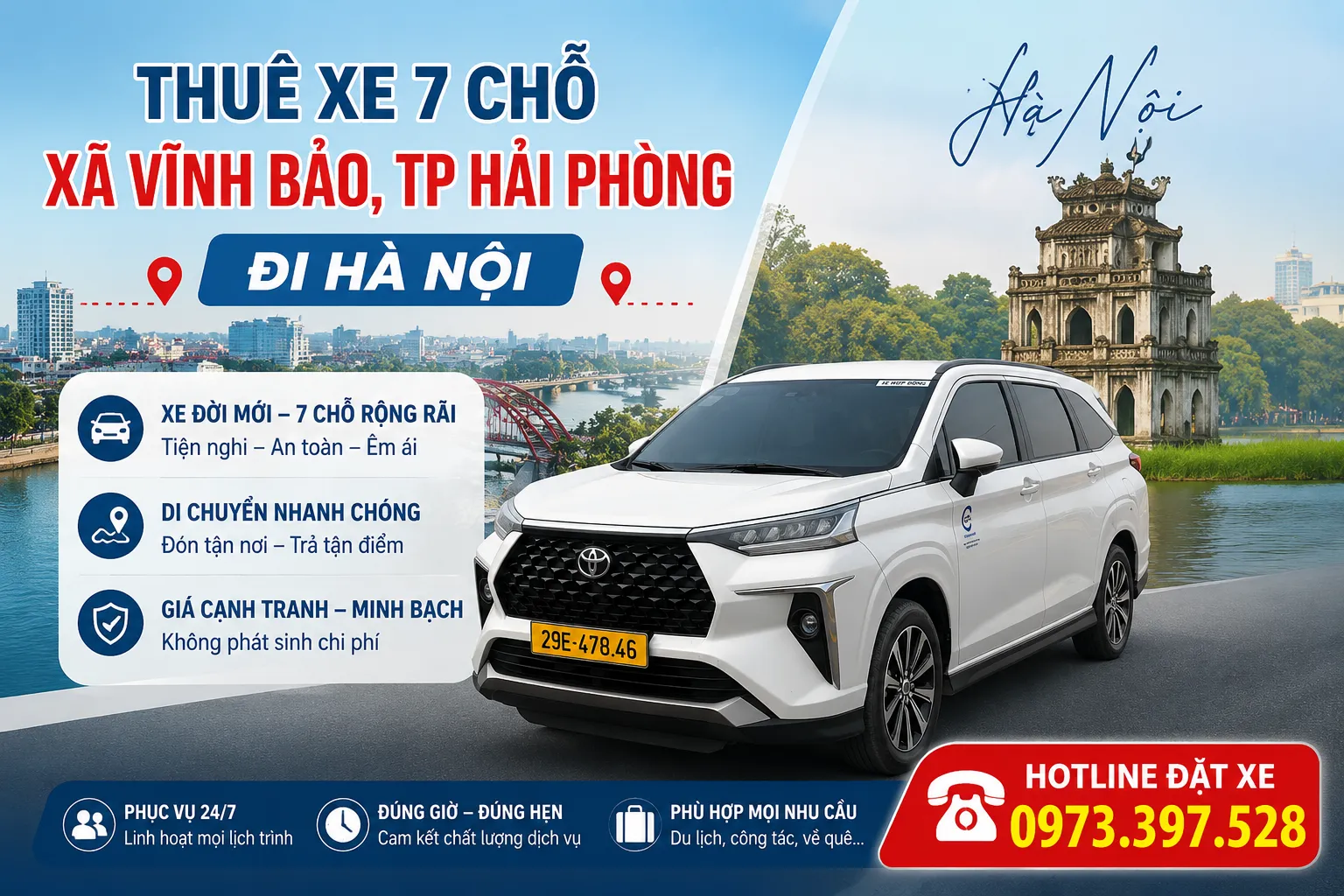 Thuê xe 7 chỗ xã Vĩnh Bảo, TP Hải Phòng đi Hà Nội